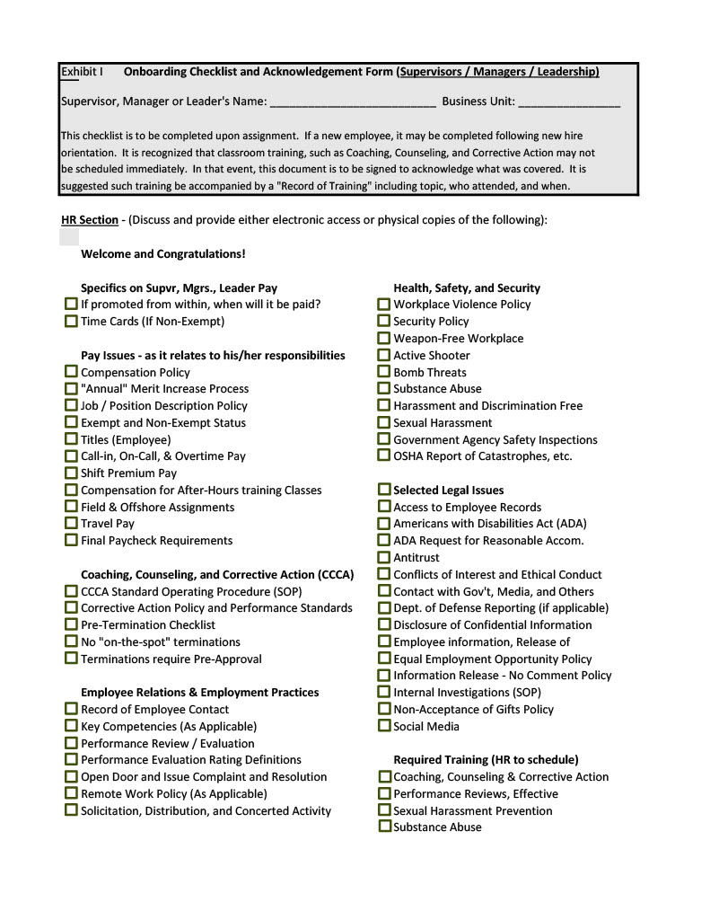 Onboarding Checklist and Acknowledgement Form Only (Supervisors ...
